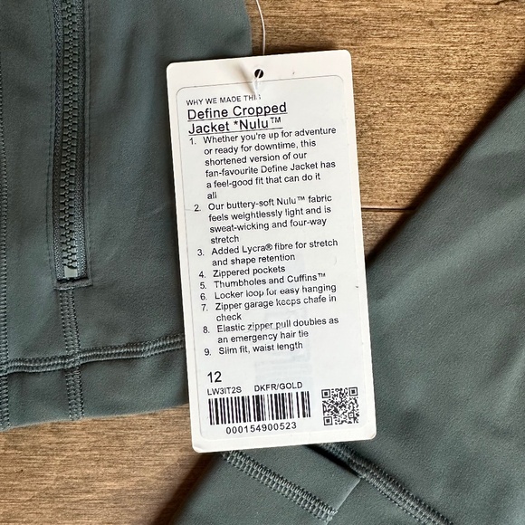 LULULEMON DEFINE CROPPED JACKET NULU DARK FOREST GOLD ZIPPER SZ 12 NEW - Picture 8 of 9